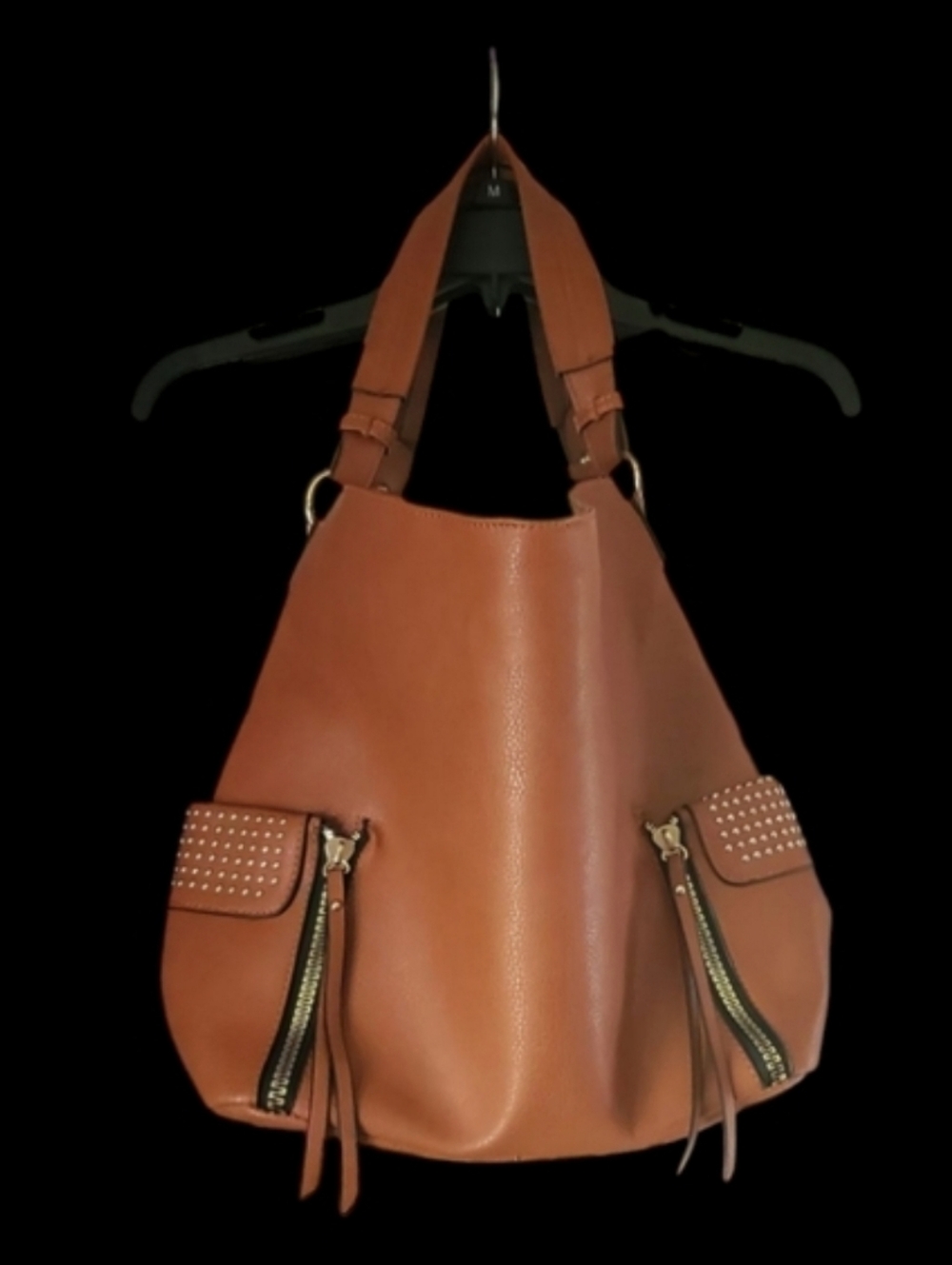 Large Brown Shoulder Bag with Gold Studs